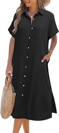 Zeagoo Womens Dress Summer Casual Short Sleeve Button Down Shirt Dress Beach Cover Up Dress with Pockets