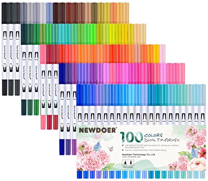 Newdoer 100 Colors Dual Brush Pen Art Markers, include 2mm brush tip and 0.4mm fine tip for Drawing, Sketching, Painting and Creating Watercolour Effect