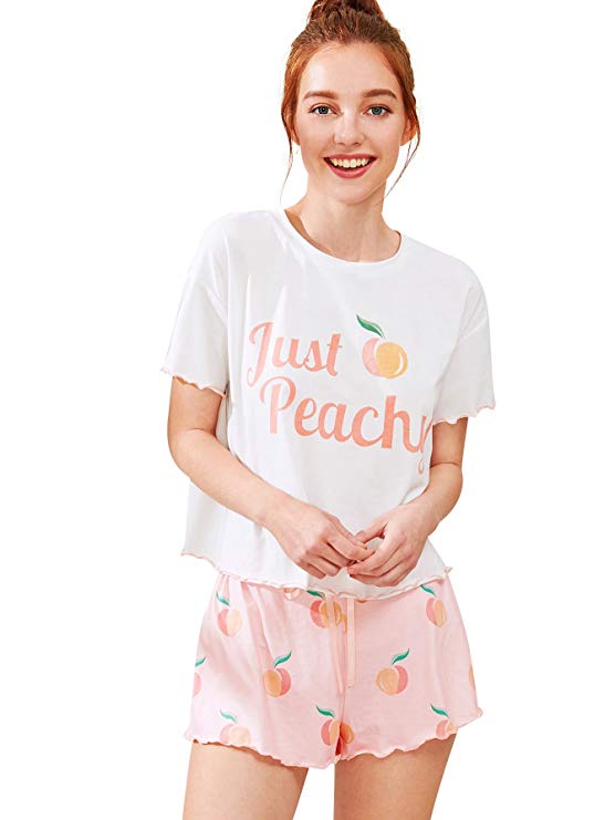 DIDK Women's Cute Cartoon Print Tee and Shorts Pajama Set