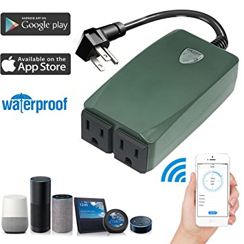 JRSOKO Wireless Wifi Outlet Works With Alexa, Dual Waterproof Outlets,Wireless Smart Outdoor Switch Socket Plug Outlet Timer Control By Smartphone,No Hub Required(Green)