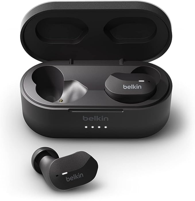 Belkin SoundForm True Wireless Earbuds, Bluetooth Headphones with Microphone, Touch Controls, IPX5 Sweat & Splash Resistant for iPhone 12, Pro, Max, Mini and Galaxy with Charging Case (Black)
