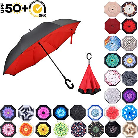 ABCCANOPY Inverted Umbrella,Double Layer Reverse Rain&Wind Teflon Repellent Umbrella for Car and Outdoor Use, Windproof UPF 50  Big Straight Umbrella with C-Shaped Handle, Royal Red