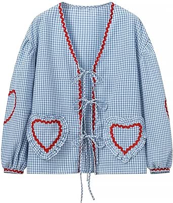 Womens Fashion Blouses Casual Long Sleeve Lace Up Shirts UK 2024 Cute Love Heart Plaid Tops Summer Open Front Y2k Blouses Dressy Comfy Loose Fit Shirts Ladies Going Out Tee