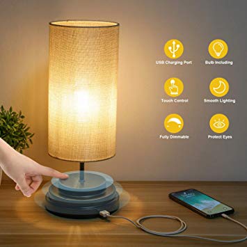 Kohree Touch Control Bedside LED Table Lamp, USB Charging Port Fully Dimmable Modern Nightstand Lamp, Desk Lamp with Fabric Lamp Shade for Bedroom Living Room Office, 4W 2700K Led Bulb Included