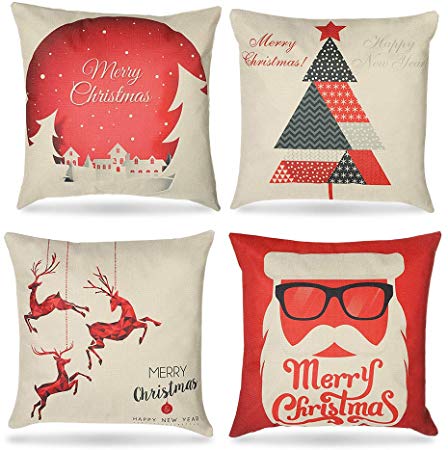 Christmas Pillow Covers, Throw Pillow Cases 18 x 18 Inches Set of 4 Linen Pillowcases with Invisible Zipper, Xmas Series Cushion Covers for Home Office Holiday Decoration (Red Christmas, 18 x 18 in)