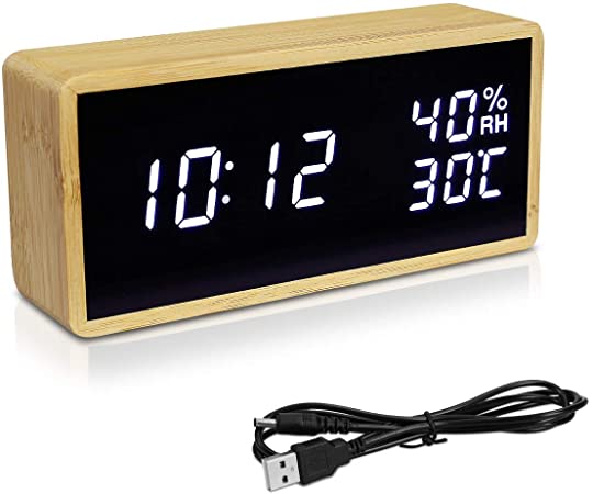 Navaris Digital Alarm Clock with Temperature - Wooden USB-Powered LED Clock for Bedside with Thermometer, Humidity, 3 Alarms - Light Brown, White LEDs