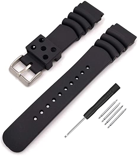 Narako Black Silicone Rubber Curved Line Watch Band 18mm 20mm 22mm 24mm Fit for Seiko Watches Extra Long Replacement Divers Model Sport Watch Strap for Men and Women