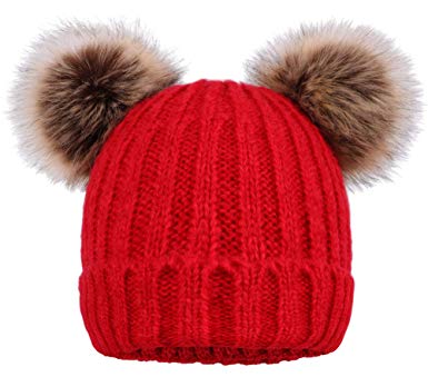 Arctic Paw Cable Knit Beanie with Faux Fur Pompom Ears