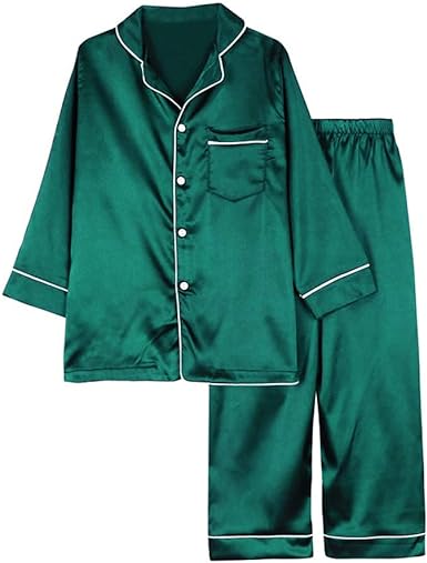 Weixinbuy Pajama Set for Kid Baby Girl Boy Button-up Silk Pajama Sleepwear Nightwear Loungewear Clothes Set Gifts for Kids