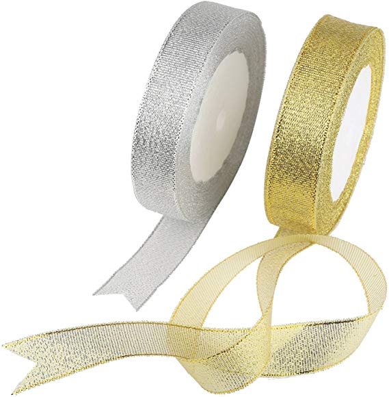 Organza Ribbon,KAKOO 2 Pack 25 Yard 20mm Wide Glitter Trimmings Decorative Ribbons for Gift Wrapping (Gold&Silver)
