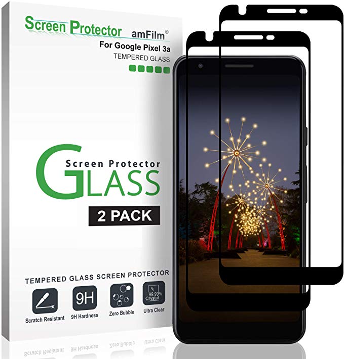 amFilm Screen Protector for Google Pixel 3a (2 Pack), Full Cover (3D Curved) Tempered Glass Screen Protector Film with Dot Matrix for Google Pixel 3a (Black)