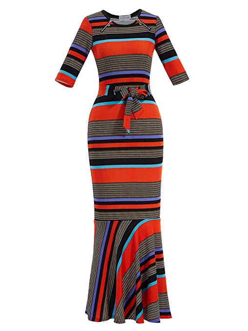 Young17 Half Sleeve Contrast Color Casual Striped Patchwork Mermaid Maxi Party Dress with Bow tie