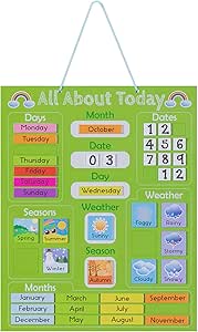 Navaris Kids Magnetic Calendar - Early Years Learning - Weather, Date, Month, Day, Season Educational Chart for Children - Kids Wall Board - Green