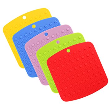 (5 Pack) Heat Resistant Cooking Mat Kitchen Silicone Trivet Pot Holders / Heat Resistant Hot Pot holders / Mats Non-slip, Dishwasher Safe - Red / Green / Purple / Blue/ Yellow