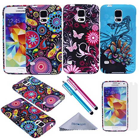 S5 Case, Wisdompro 3 Pack Bundle of Color and Graphic Soft TPU Gel Protective Case Covers for Samsung Galaxy S V / S5 (Jellyfish Butterfly Pattern)