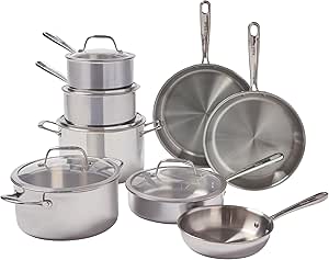 T-fal Pro Tri-Ply Stainless Steel Cookware Set 13 Piece, Induction Compatible Oven Safe 500F, Lids 350F, Fast & Even Heat, Professional Quality & Durability, Pots and Pans Set, Dishwasher Safe, Silver