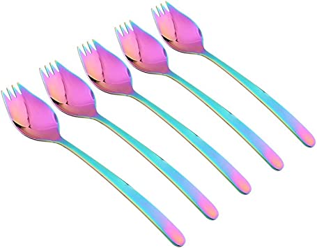 5PCS Rainbow Salad Dessert Fork, Stainless Steel Spaghetti Forks Perfect for Home and Kitchen-15cm (Rainbow)