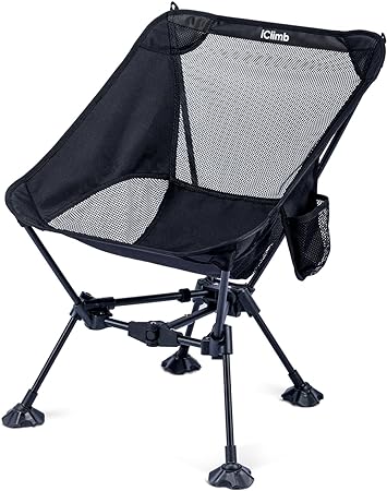 iClimb Ultralight Compact Camping Folding Beach Chair with Anti-Sinking Large Feet and Back Support Webbing (Black - Triangular Frame)