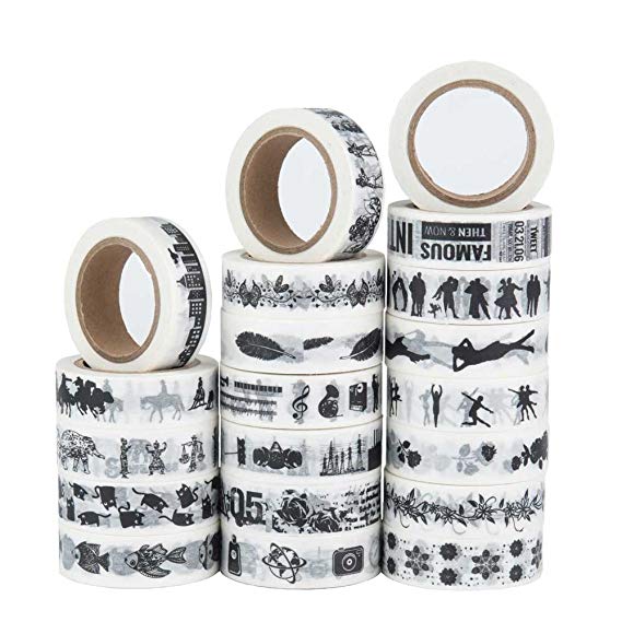 Savena Washi Tape Set for DIY Gift Wrapping Scrapbooking and Craft, Sticky Adhesive Paper Masking Tape with Lovely Printed Patterns and Long-Lasting Colors (20 Rolls, Black and White, 3/5 in x 33 ft)