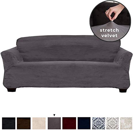 Great Bay Home Velvet Plush Stretch Sofa Slipcover. Velvet Sofa Couch Furniture Protector, Soft Anti-Slip, High Stretch for 3 Seat Sofa. (Sofa XL- 3 Seater, Wild Dove Grey)