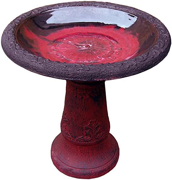 Exaco Trading Co. FM-0082 Red Scroll Vine Bird Bath with Marbleized-Dark