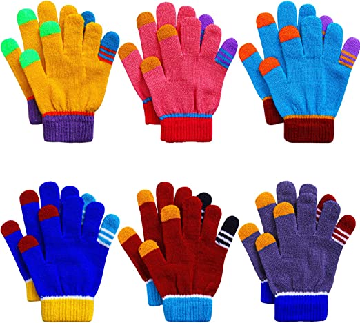 Cooraby 6 Pairs Kids Knitted Magic Gloves Teens Warm Winter Stretchy Full Fingers Gloves