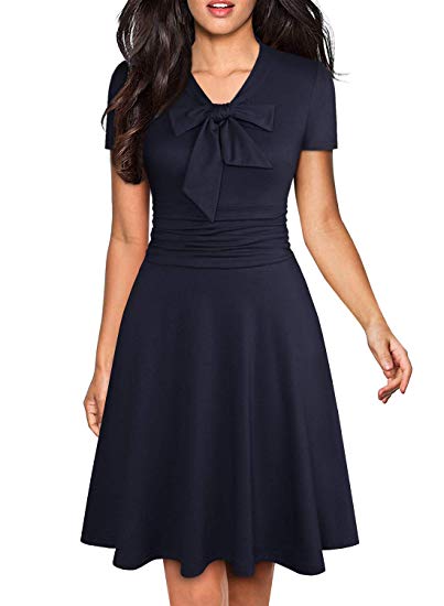 YATHON Women's Elegant Bow Tie Swing Casual Party Dresses Vintage Ruched Stretchy A-line Skater Dress