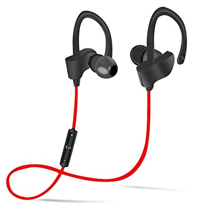 Bluetooth Headphones with Earhook Mic Wireless Earphones Sports in-ear Earbuds Sweatproof Noise Canceling V4.1 Headphones for Workout Running(Red)