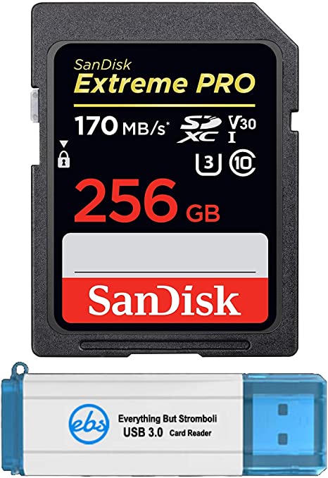 SanDisk Extreme Pro 256GB SD Card SDXC UHS-I for Cameras Works with Nikon D3500, D7500, D5600 (SDSDXXY-256G-GN4IN) 4K UHD Video Class 10 Bundle with (1) Everything But Stromboli 3.0 Memory Card Reader