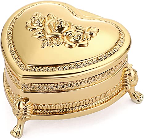 Hipiwe Vintage Metal Jewelry Box with Antique Flower Carved, Small Heart Shape Trinket Organizer Box Earrings Rings Necklace Bracelet Storage Holder, Keepsake Gift Box for Girl and Women