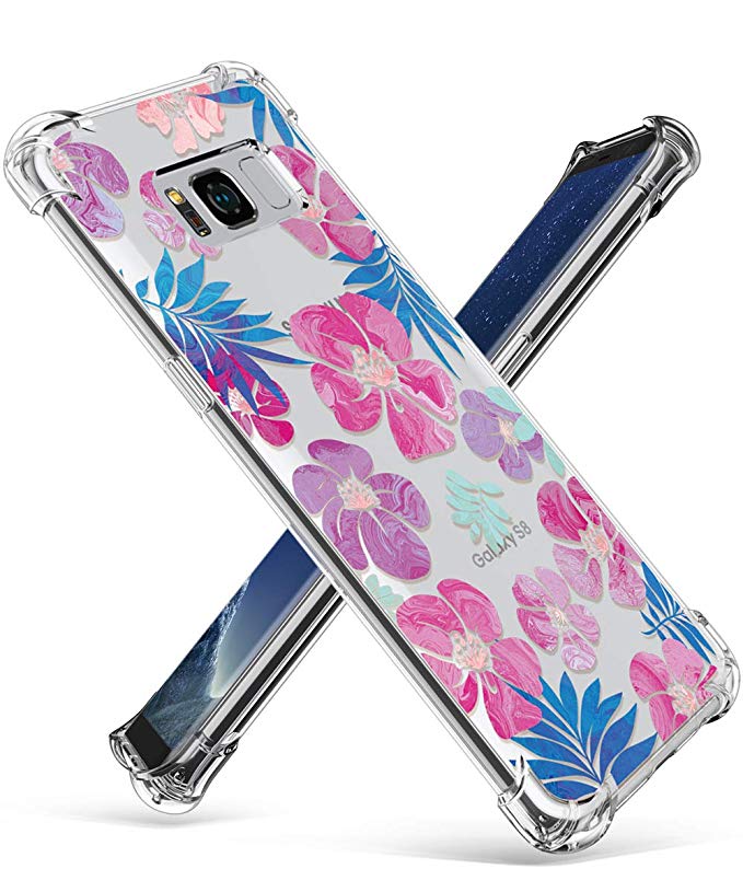 GVIEWIN Compatible for Samsung Galaxy S8 Case, Clear Flower Pattern Design Soft & Flexible TPU Ultra-Thin Shockproof Transparent Floral Cover, Cases Samsung Galaxy S8 (Fancy Leaves/Purple)