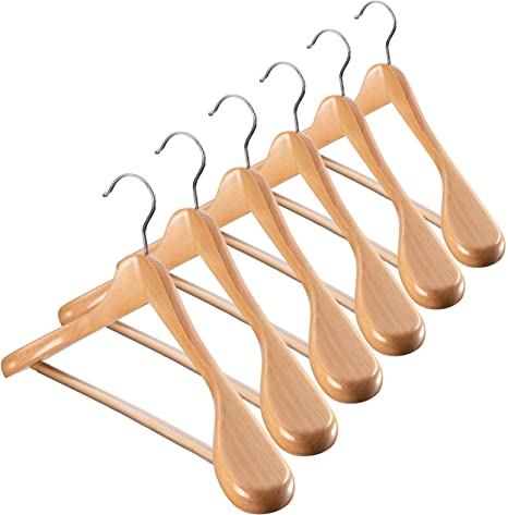 High-Grade Wide Shoulder Wooden Hangers 10 Pack with Non Slip Pants Bar - Smooth Finish Solid Wood Suit Hanger Coat Hanger, Holds upto 20lbs, 360° Swivel Hook, for Dress, Jacket, Heavy Clothes Hangers