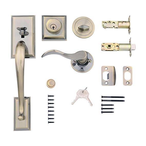 AmazonBasics Modern Door Handle and Deadbolt Lock Set, Right-Hand Wave Door Lever, Antique Brass