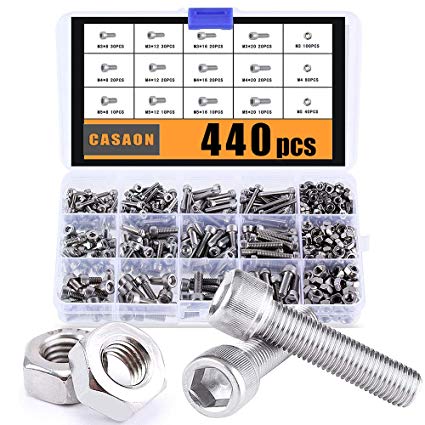 Nuts and Bolts Assortment Kits, M3/M4/M5 x 8mm/12mm/16mm/20mm 304 Stainless Steel Screws, Casaon Allen Hex Socket Head Cap Precise Metric Screws with Nuts Set with Storage Box (440pcs)