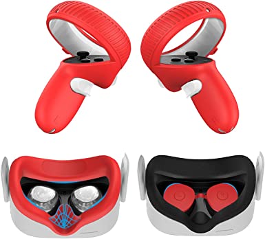 [3in1] for Oculus Quest 2 Accessories, Quest 2 VR Waterproof Silicone Face Cover Pad Controller Grip Fall Protection Case and Protective Lens Cover Washable, Anti-Leakage Ergonomic Design (Red)