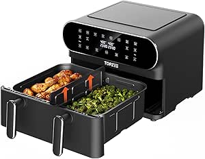 11-QT Large Air Fryer - 8 in 1 XL Dual Basket Airfryer with Divider, For Air Fry, Roast, Broil, Bake, Reheat, Dehydrate, Keep Warm, and French Fries, Dishwasher Safe, Black