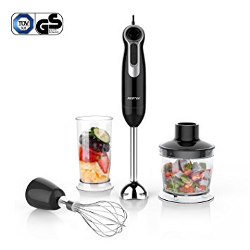 BESTEK Hand Blenders, 3 in 1 600W hand mixer, 500ml Chopper Bowl, Egg Whisk, 800ml Vessel, 5 Various Speeds with Turbo Function for Smoothie, Soup, Baby Food