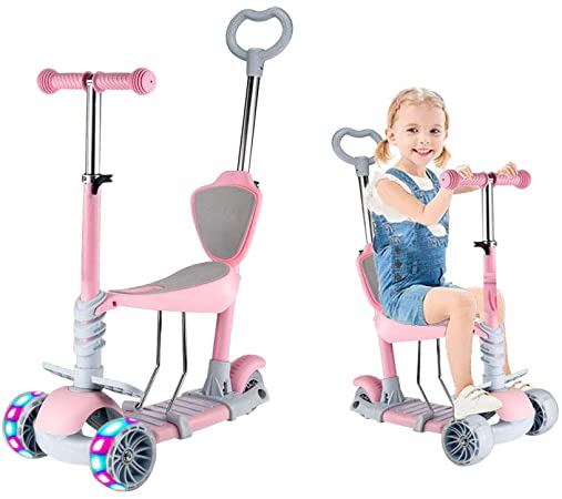 5 in 1 Kids Kick Scooter, 3 Wheels Walker with Removable Seat and Back Rest, 4 Adjustable Height, Light Up Wheels for Toddlers 1-8 Years Old.