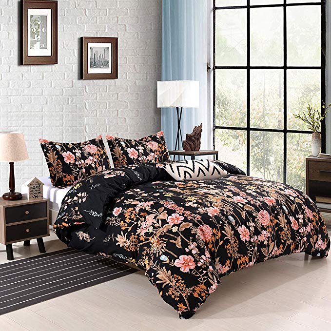 YMY Lightweight Microfiber Bedding Duvet Cover Set,Floral Print Pattern (Floral in Black, King)