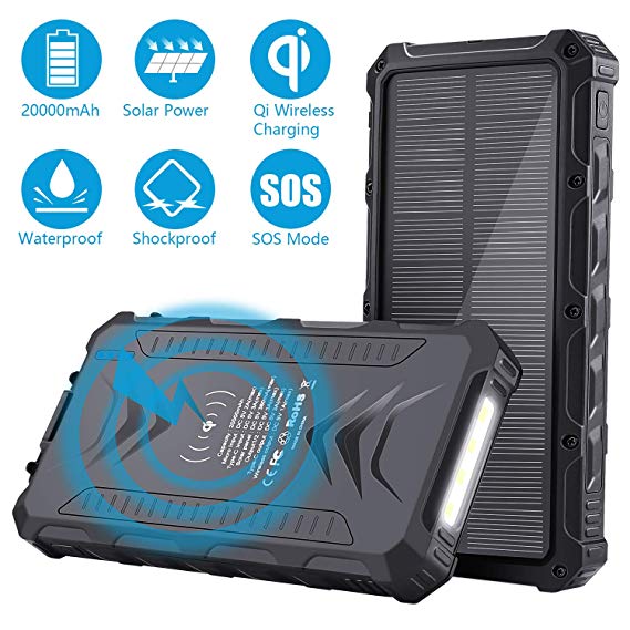 Sendowtek Solar Power Bank, Portable Phone Charger 20000mAh, QI Wireless, Solar Charger with UCB-C Output, SOS Flashlight, Rainproof, Shockproof for Outdoor Activities, iPhone Samsung Galaxy and More