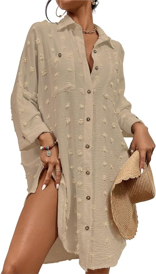 Bsubseach Women Swimsuit Coverup Blouse Button Down Shirt Dresses Swiss Dot Tops