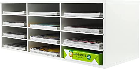 PAG Wood Desktop Literature Organizer Adjustable File Sorter Mail Center Magazine Holder Paper Storage Cabinet Classroom Keepers Mailbox, 12 Slots(4 Layers and 3 Columns), White