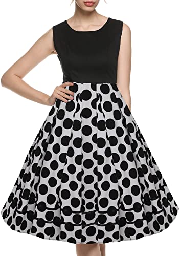 ACEVOG Womens Classy Vintage Polka Dot Audrey Hepburn Style Lace Print Evening Dress