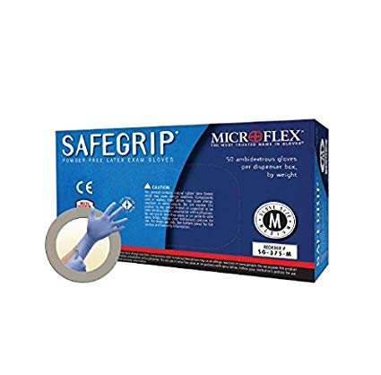 Microflex SG-375-S-Box Safegrip Exam Gloves, PF Latex, Textured, Extended Cuff, Blue, Small (Pack of 50)