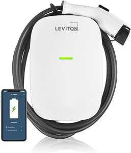 Leviton Level 2 Smart Electric Vehicle (EV) Charger with Wi-Fi, 48 Amp, 208/240 VAC, 11.6 kW Output, 18' Cable, Hardwired Charging Station, EV48W