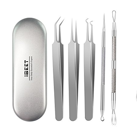 IBEET Acne Remover Kit,Comedone Extractor Tool Set,Blackhead Removal Tweezers Kit, Treatment for Pimple, Blemish, Whitehead Popping, Silver, 5 Pack