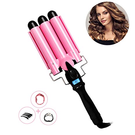 Hair Curling Iron Wand Adjustable Temperature, Professional 28mm Hair Curler Tongs, 3 Barrel Wave Crimping Bubble Styling Tool with LCD Display Tourmaline Ceramic for Long Hair (28mm)