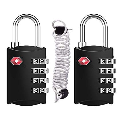 TSA Locks 2 Pack with Flexible Cable (80cm), TSA Approved Luggage Padlocks for Travel, Zipper Locks for Suitcases, Backpack, Small Combination Padlock for Gym Lockers- Easy to Set 4 Digit (Black)