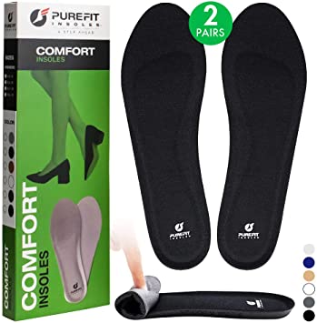 PureFit Shoe Insoles for Women, 2 Pairs Comfortable, Slim Soft Cushion Rebound PU Foam Shoe Inserts, Antibacterial Boot, Flat Sneaker Arch Support Insole, Relieve Foot Pain Fatigue (Black, M)