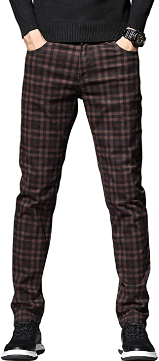 HENGAO Men's Straight Fit Plaid Chino Pants Jeans